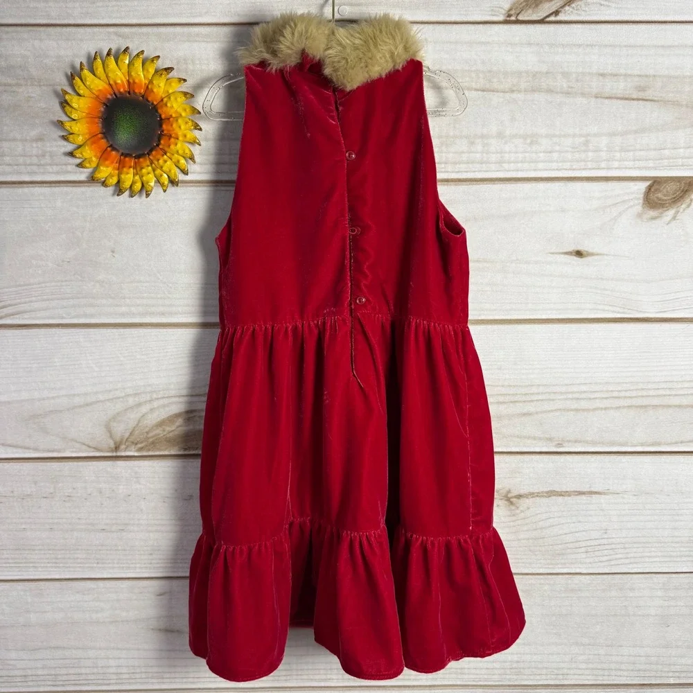 Janie and Jack Red Velvet Dress with Fur Collar Tiered Ruffles Size 8